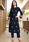 Embroidered Art Silk Straight Kurta in Set Navy Blue