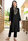 Embroidered Art Silk Straight Kurta Set in Black