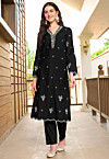 Embroidered Art Silk Straight Kurta Set in Black