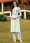 Embroidered Art Silk Straight Kurta Set in Light Green