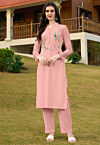Embroidered Art Silk Straight Kurta Set in Light Pink