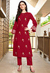 Embroidered Art Silk Straight Kurta Set in Maroon