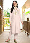 Embroidered Art Silk Straight Kurta Set in Off White