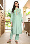 Embroidered Art Silk Straight Kurta Set in Sea Green