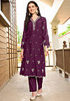 Embroidered Art Silk Straight Kurta Set in Violet