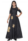 Embroidered Bhagalpuri Silk Abaya Style Kurta in Black