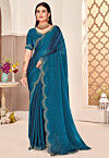 Embroidered Border Art Silk Saree in Teal Blue