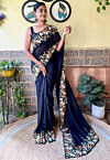 Embroidered Border Art Silk Scalloped Saree in Black