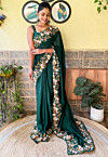 Embroidered Border Art Silk Scalloped Saree in Teal Green