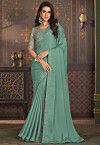Embroidered Border Chiffon Saree in Dusty Green