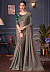 Embroidered Border Chiffon Scalloped Saree in Fawn