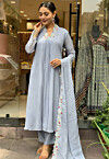 Embroidered Border Chinon Chiffon A Line Suit in Grey
