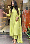 Embroidered Border Chinon Chiffon A Line Suit in Yellow