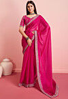 Embroidered Border Organza Saree in Fuchsia