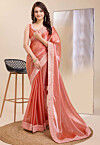 Embroidered Border Organza Saree in Peach