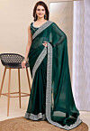 Embroidered Border Organza Saree in Teal Green