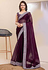 Embroidered Border Organza Saree in Wine