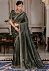 Embroidered Border Tissue Crushed Saree in Dark Olive Green