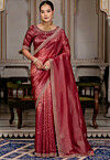 Embroidered Border Tissue Crushed Saree in Maroon