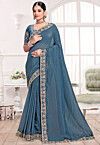 Embroidered Border Tissue Silk Saree in Blue