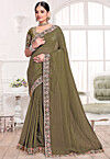 Embroidered Border Tissue Silk Saree in Olive Green