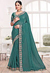 Embroidered Border Tissue Silk Saree in Teal Green