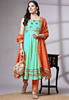Embroidered Chanderi Cotton Anarkali Suit in Turquoise