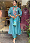 Embroidered Chanderi Silk A Line Suit in Blue