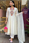 Embroidered Chanderi Silk A Line Suit in Off White