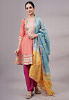 Embroidered Chanderi Silk Aline Suit in Peach Pink
