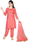 Embroidered Chanderi Silk Pakistani Suit in Coral Pink