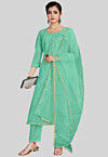 Embroidered Chanderi Silk Pakistani Suit in Light Teal Green