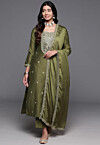 Embroidered Chanderi Silk Pakistani Suit in Olive Green