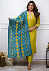 Embroidered Chanderi Silk Pakistani Suit in Yellow