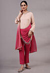 Embroidered Chiffon Pakistani Suit in Light Peach and Fuchsia