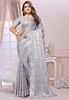 Embroidered Chiffon Saree in Grey