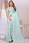 Embroidered Organza Saree in Sky Blue