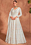 Embroidered Chinon Chiffon Abaya Style Suit in Cream