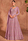 Embroidered Chinon Chiffon Abaya Style Suit in Pink