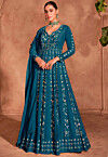 Embroidered Chinon Chiffon Abaya Style Suit in Teal Blue