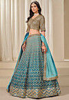 Embroidered Chinon Chiffon Lehenga in Teal Blue Ombre