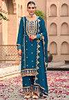Embroidered Chinon Chiffon Pakistani Suit in Teal Blue