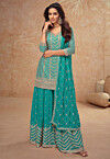 Embroidered Chinon Chiffon Pakistani Suit in Turquoise