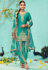 Embroidered Chinon Chiffon Punjabi Suit in Teal Blue