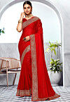 Embroidered Chinon Chiffon Saree in Red