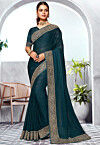 Embroidered Chinon Chiffon Saree in Teal Blue