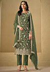Embroidered Chinon Chiffon Scalloped Pakistani Suit in Green