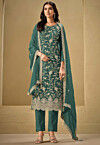 Embroidered Chinon Chiffon Scalloped Pakistani Suit in Teal Blue