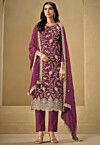 Embroidered Chinon Chiffon Scalloped Pakistani Suit in Wine