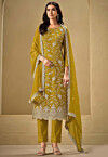 Embroidered Chinon Chiffon Scalloped Pakistani Suit in Yellow